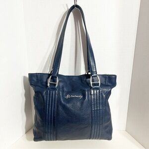 B. Makowsky Navy Blue Pebbled Leather Tote Shoulder Bag Animal Print Lining